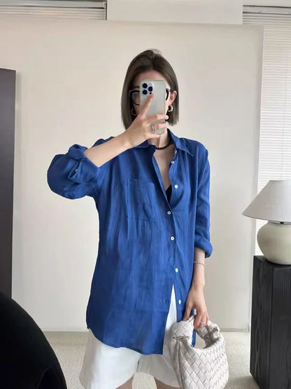 White Linen Cotton Blend Long Sleeve Shirt Women Summer Thin Loose Style Sun Protection Top Casual Commute Fashion  Collar