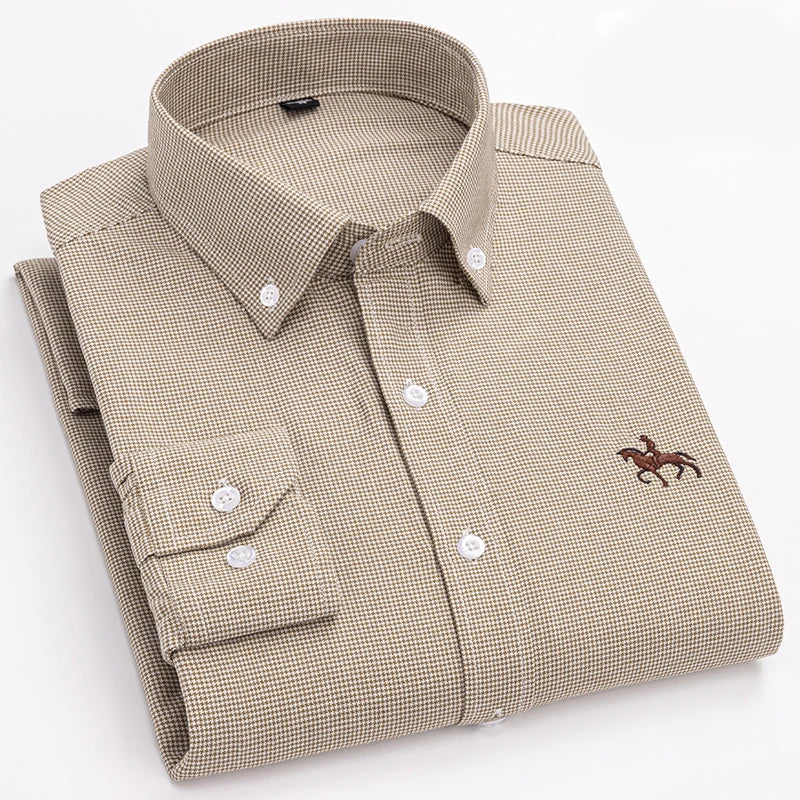 Quality 100% Cotton Oxford Shirt For Mens Long Sleeve Casual Business Regular-Fit Formal Dress Shirts Social Blouse Male Clothes