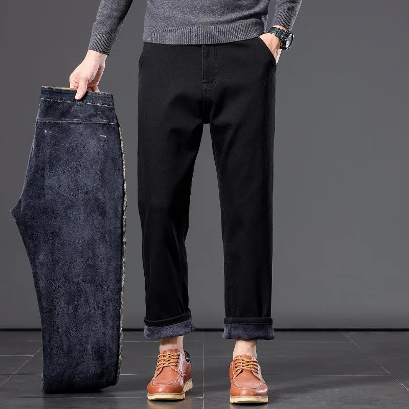 Winter Fleece Thickened Warm Men's Jeans Retro Blue Velvet Straight Leg Length Nine-point Denim Trousers Lined Wool  Pants