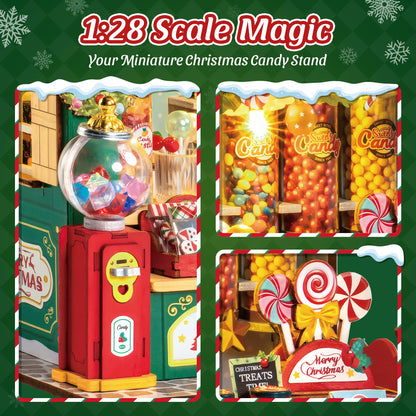 Rolife DIY Miniature House Kit Christmas Candy Stand Dollhouse Model Building Kit Wooden 3D Puzzle Toy Christmas Gift for Adults