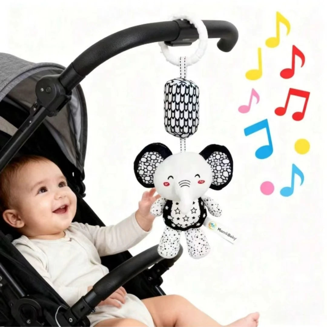 Portable Plush Baby Toy with Wind Chime and Rattle, Black White Design for Stroller Crib Hanging Decor, Safe Cute Newborn Gift