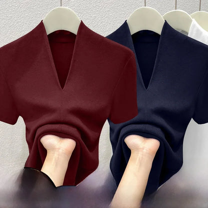 Premium Quality Short Sleeve V-Neck T-Shirt Women's Fashion Shoulder Design Versatile Base Shirt Summer Wear Comfortable Fit