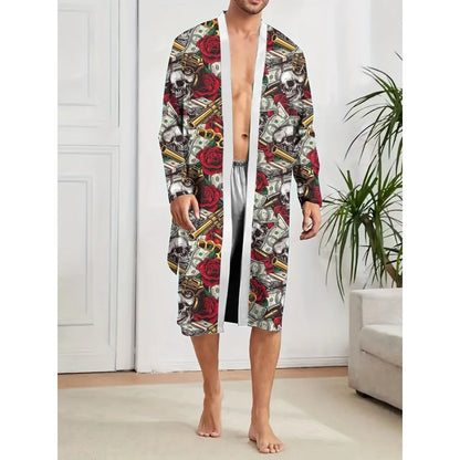 Men Robe 2025 Autumn Men's Trendy Casual Skull Head Rose US Dollar Bill Printing Pattern Home Casual Comfortable Nightgown