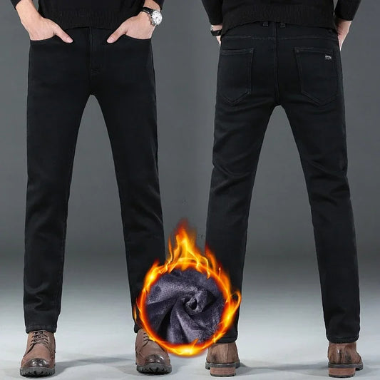 2025 Winter New Style Men's Black Straight Thick Jeans Fashionable Business Velvet Warm Denim Pants Fleece Hot Casual Pants