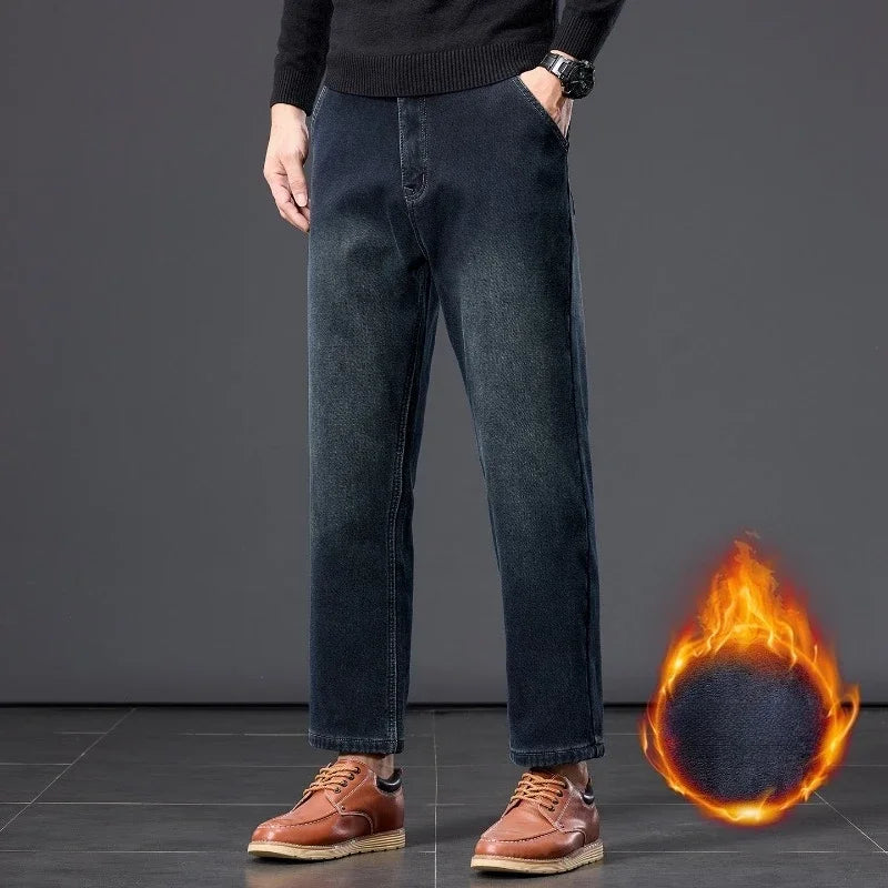 Winter Fleece Thickened Warm Men's Jeans Retro Blue Velvet Straight Leg Length Nine-point Denim Trousers Lined Wool  Pants