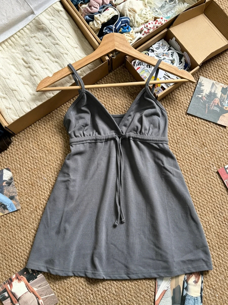 Sweet Lace-up Camisole Women Summer Streetwear Simple Basic Deep V-neck Sleeveless Vests Vintage Cute Cotton Tank Tops Y2K