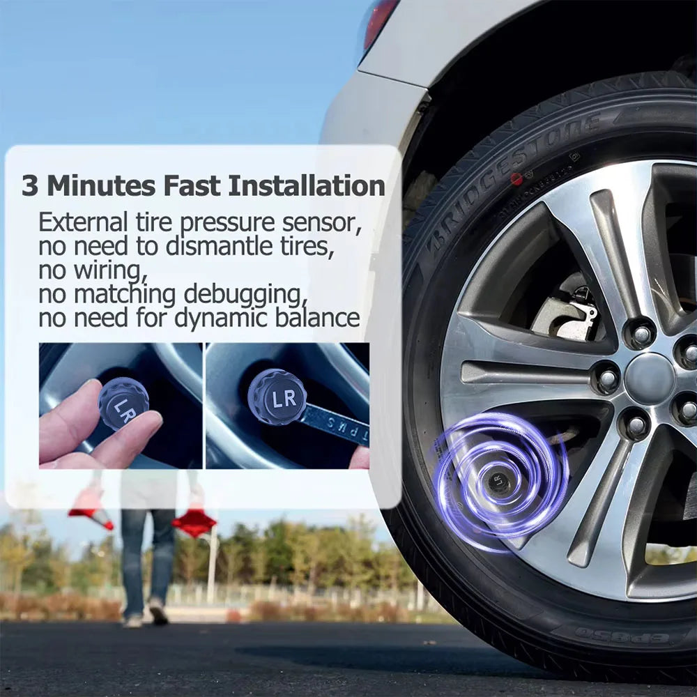 12V Cigar Lighter Adapter TPMS Car Tire Pressure Monitoring System With Digital Voltmeter USB Charger 3.0 Port 4pcs TPMS Sensors