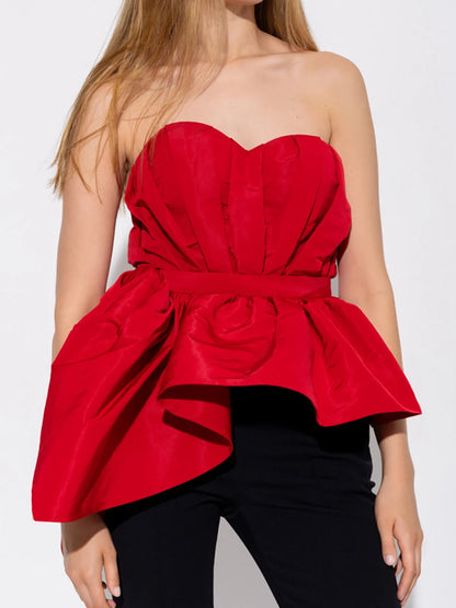 VGH Sexy Red Color Spliced Folds Tank Top for Women Sweatheart Neck Sleeveless Patchowrk Zipper Irregular Hem Vest Female Summer
