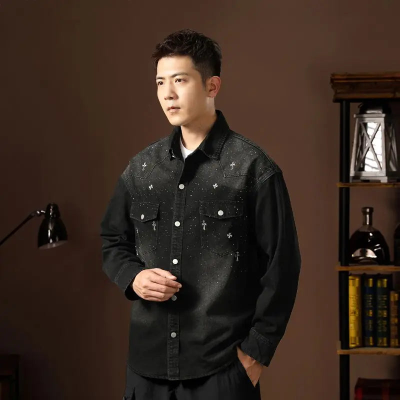 Spring Autumn Vintage Denim Jackets with Pocket Design Denim Coats for Men Single-breasted Lapel Collar Jacket Autumn Work Coat