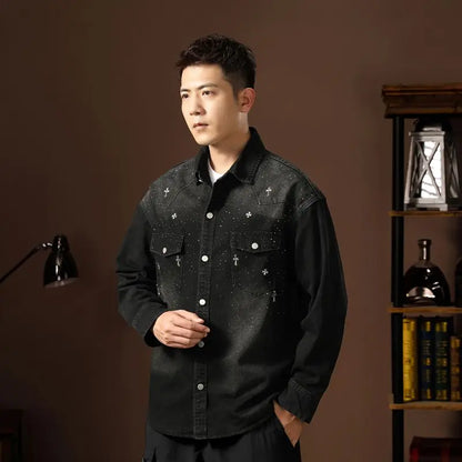 Spring Autumn Vintage Denim Jackets with Pocket Design Denim Coats for Men Single-breasted Lapel Collar Jacket Autumn Work Coat