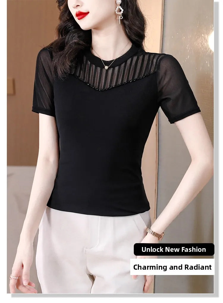 Lace Short Sleeve Slim Fit T-Shirt Women's Summer New Netting Thin Style round Neck Regular Length Pure Color Commute Style