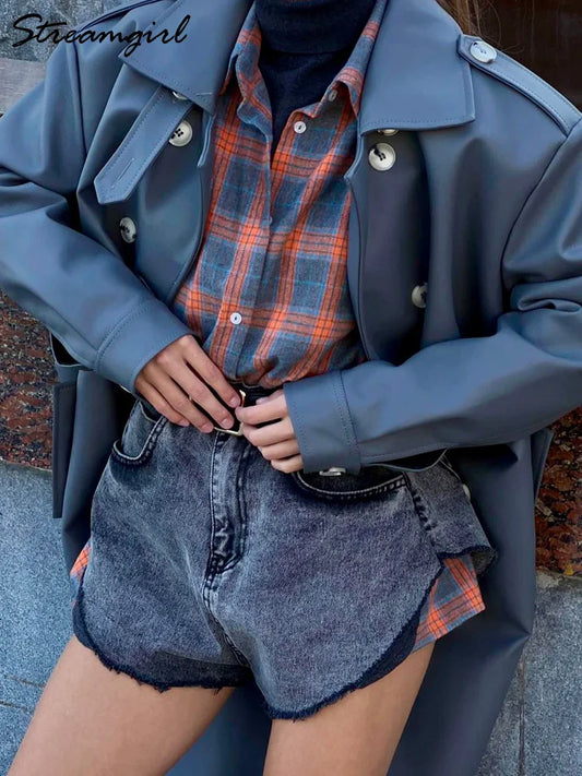 Streamgirl Oversized Plaid Shirt Women 2026 Spring Loose Vintage Long Shirts Full Sleeve Women Plaid Brown Oversized Shirt Blue