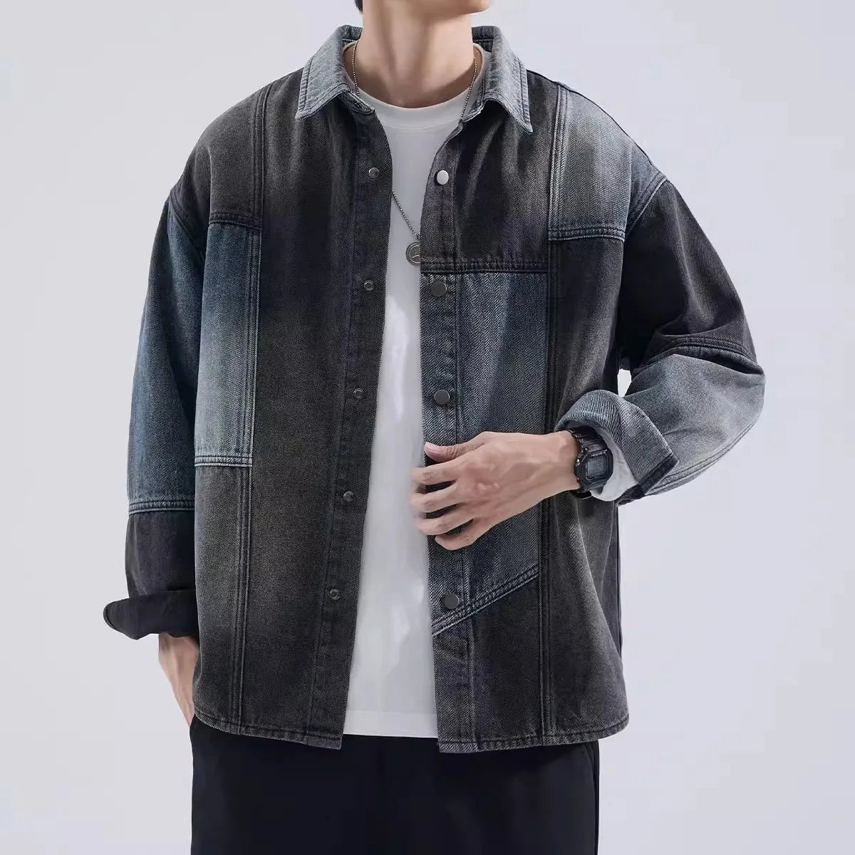 American Retro Spliced Denim Jacket, Men's Spring and Autumn New Trendy Brand Loose Casual Shirt, Tooling Jacket Top