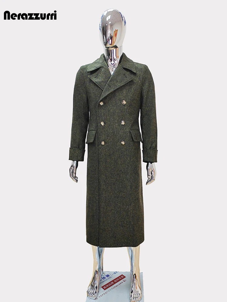 Nerazzurri Autumn Winter Long Luxury Elegant Chic Thick Warm Woolen Polo Coat for Men Double Breasted Wool & blends Overcoat