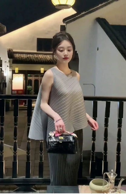 Unique Folded Design Sleeveless Top Set for Small Women Elegant Suitable Travel Wear Polyester Summer T-Shirt round Neck High...
