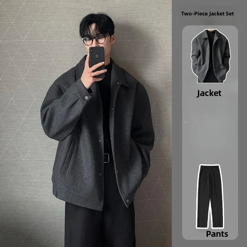 Men's Woolen Jacket Set Casual Autumn Winter Style Youth Long Sleeve Pants Three Piece Suit Elegant Fashionable Men's Wear