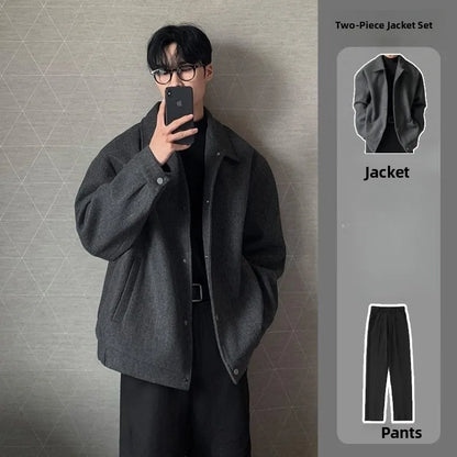 Men's Woolen Jacket Set Casual Autumn Winter Style Youth Long Sleeve Pants Three Piece Suit Elegant Fashionable Men's Wear