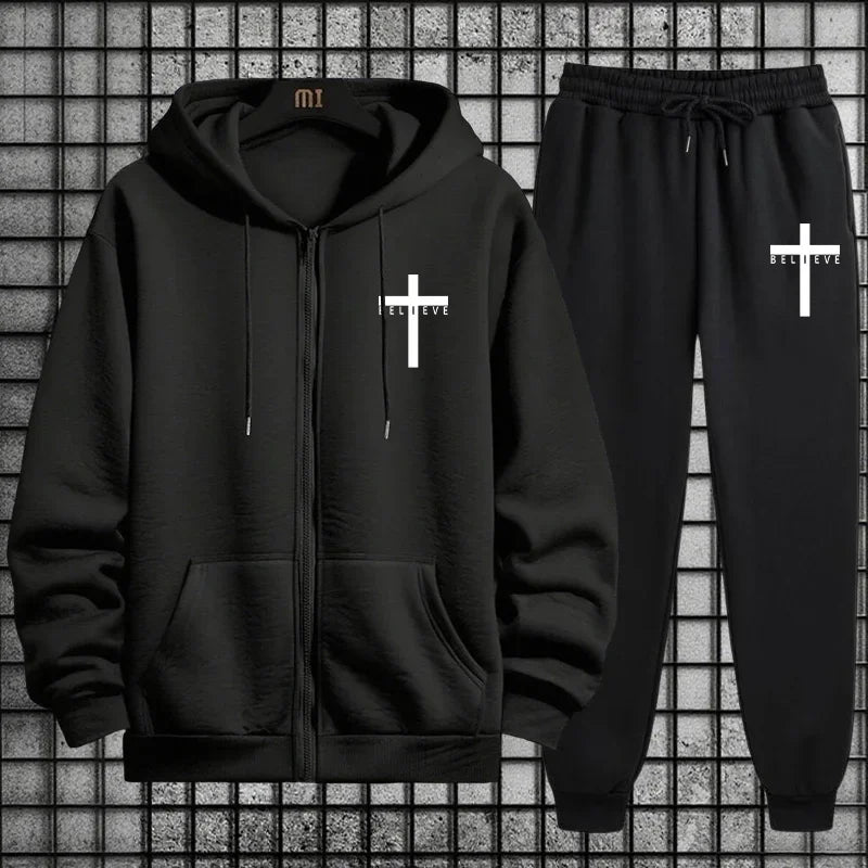 Cross of Christ Mens Hip Hop Tracksuit Set 2026 New 2 Piece Outfit Zipper Hoodie Joggers Urban Streetwear Autumn Winter Fashion