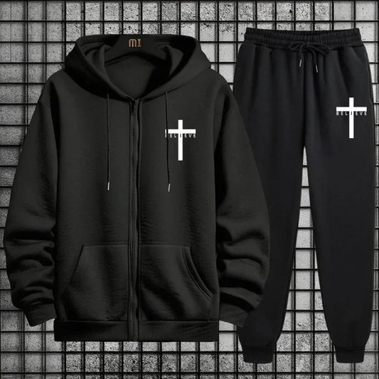 Cross of Christ Mens Hip Hop Tracksuit Set 2026 New 2 Piece Outfit Zipper Hoodie Joggers Urban Streetwear Autumn Winter Fashion