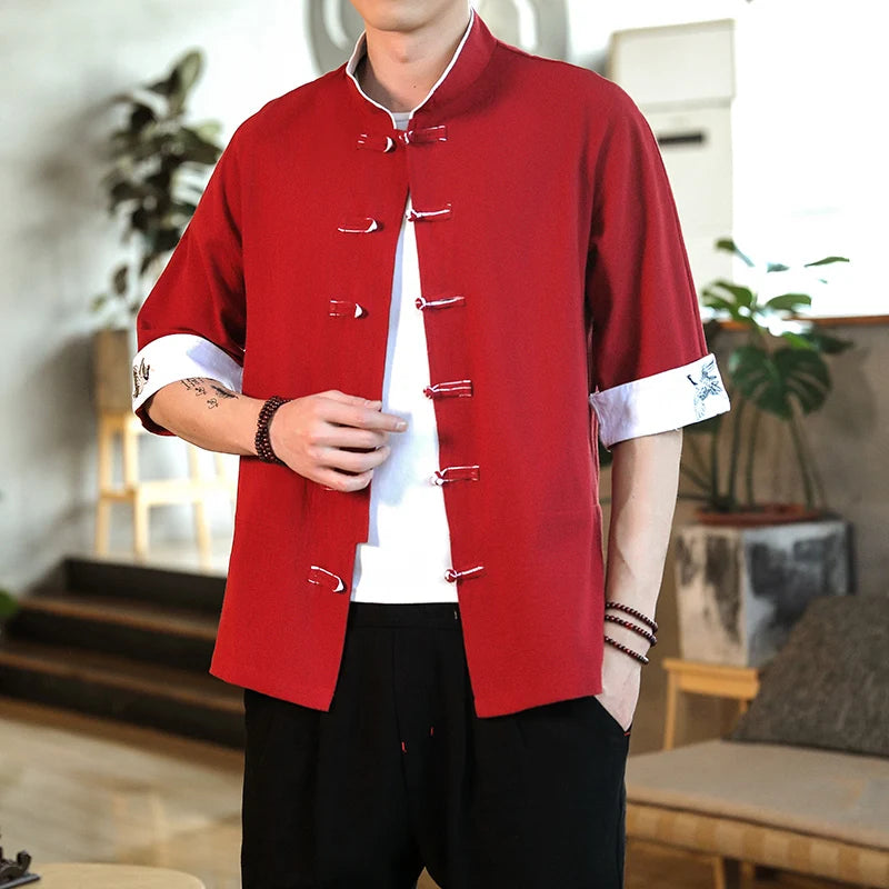 Embroidery Crane Shirts Men Traditional Chinese Clothing Vintage Half Sleeve Linen Cotton Shirts Madarin Collar Hanfu Kungfu Top