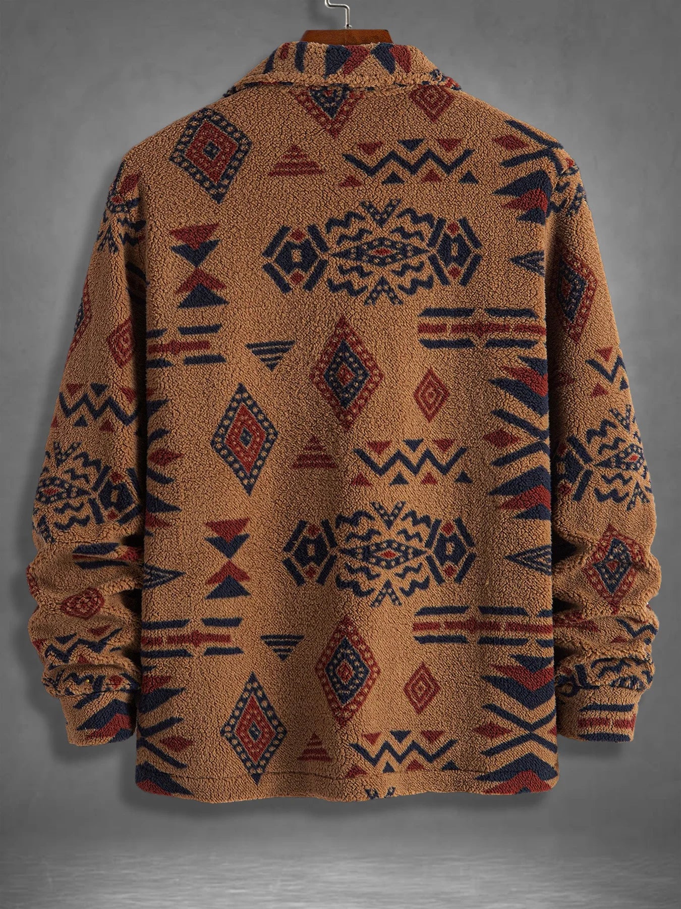 Men's Retro Ethnic Geometric Print Fleece Shirt Jacket Winter Thick Warm Sherpa Casual Coat