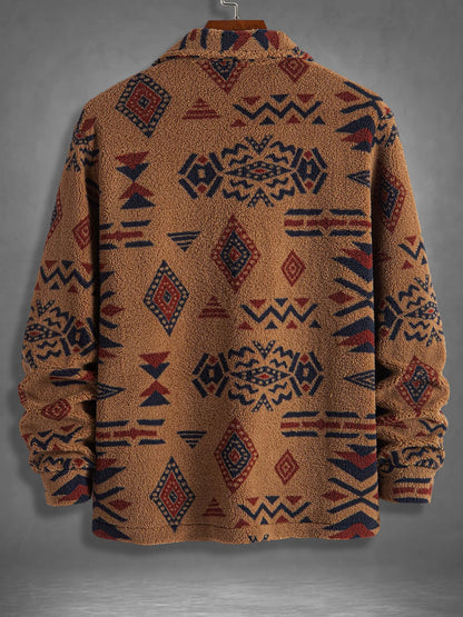 Men's Retro Ethnic Geometric Print Fleece Shirt Jacket Winter Thick Warm Sherpa Casual Coat