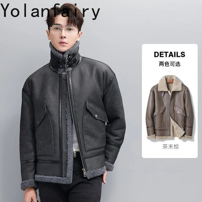 YOLANFAIRY Natural Sheepskin Shearling Coat Men Genuine Leather Jacket Warm Winter Real Lamb Fur Coats and Jackets Outerwear