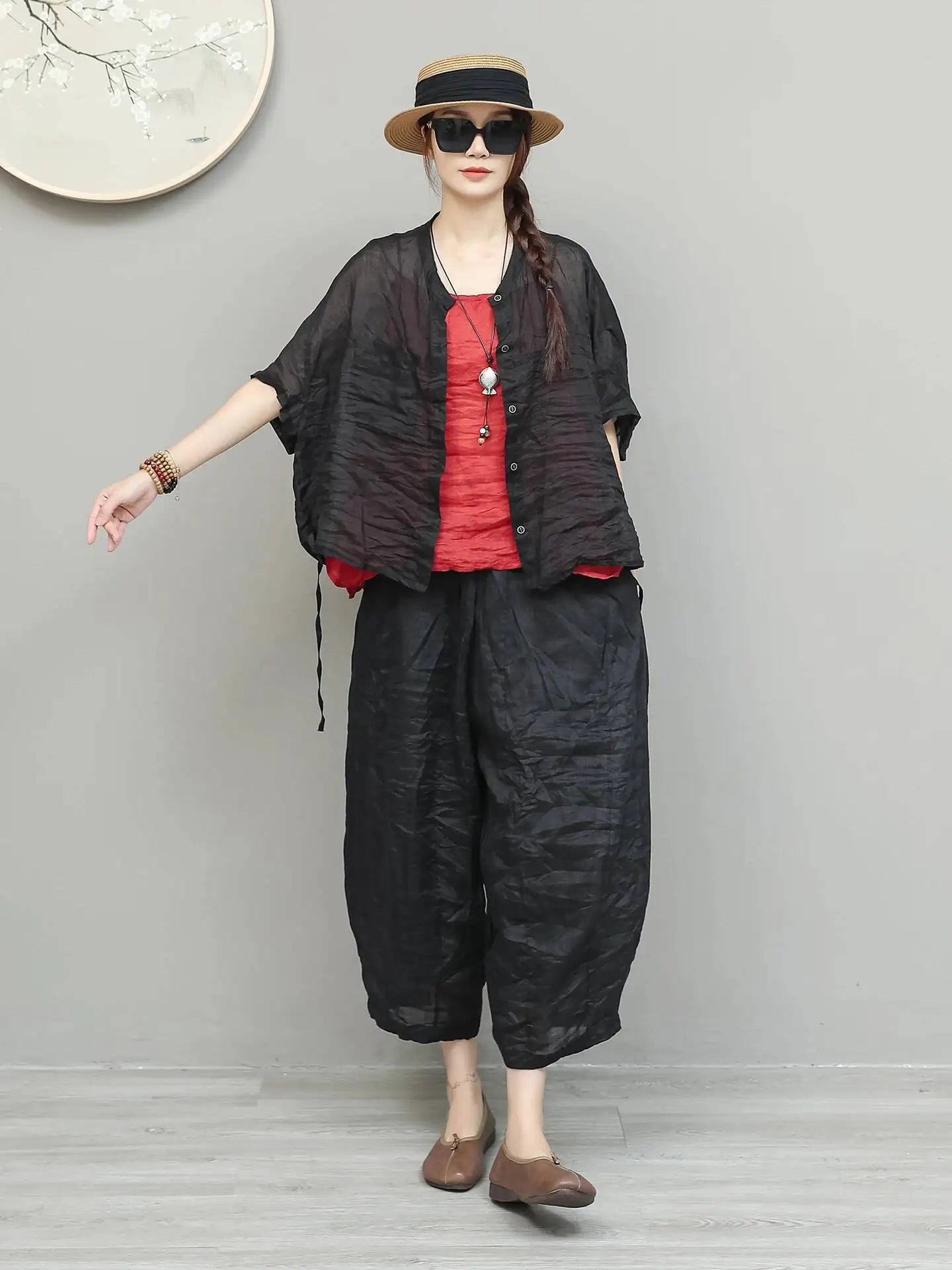 Lightweight Ramie Pant Women Summer Loose Wide-leg Cropped Pants Black LX5765