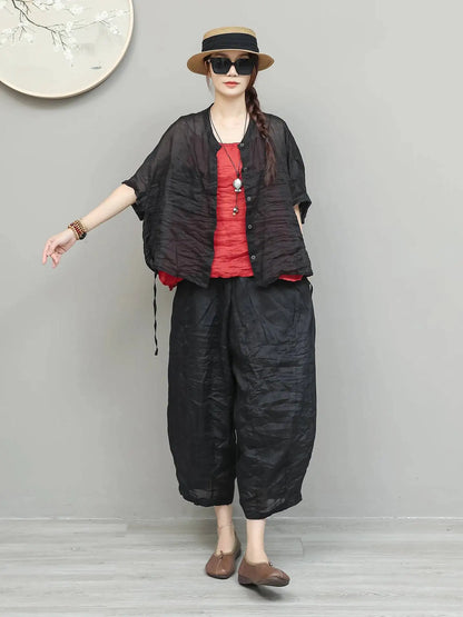 Lightweight Ramie Pant Women Summer Loose Wide-leg Cropped Pants Black LX5765