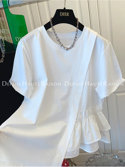 Loose Fit Pure Cotton Short Sleeve T-Shirt Women Summer Fashionable Casual Top Large Size 200 Pounds Asymmetrical Layering