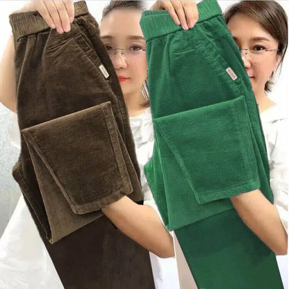 Autumn Winter Thickened Corduroy Casual Harlan Pants for Mom High Waist Loose Fit Straight Leg Casual Outerwear Polyester Fiber