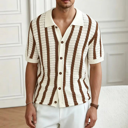 Men's Striped Knit Polo Shirt Short Sleeve Button Down Cardigan V-Neck Hollow Out Retro Casual Top Summer Old Money Style