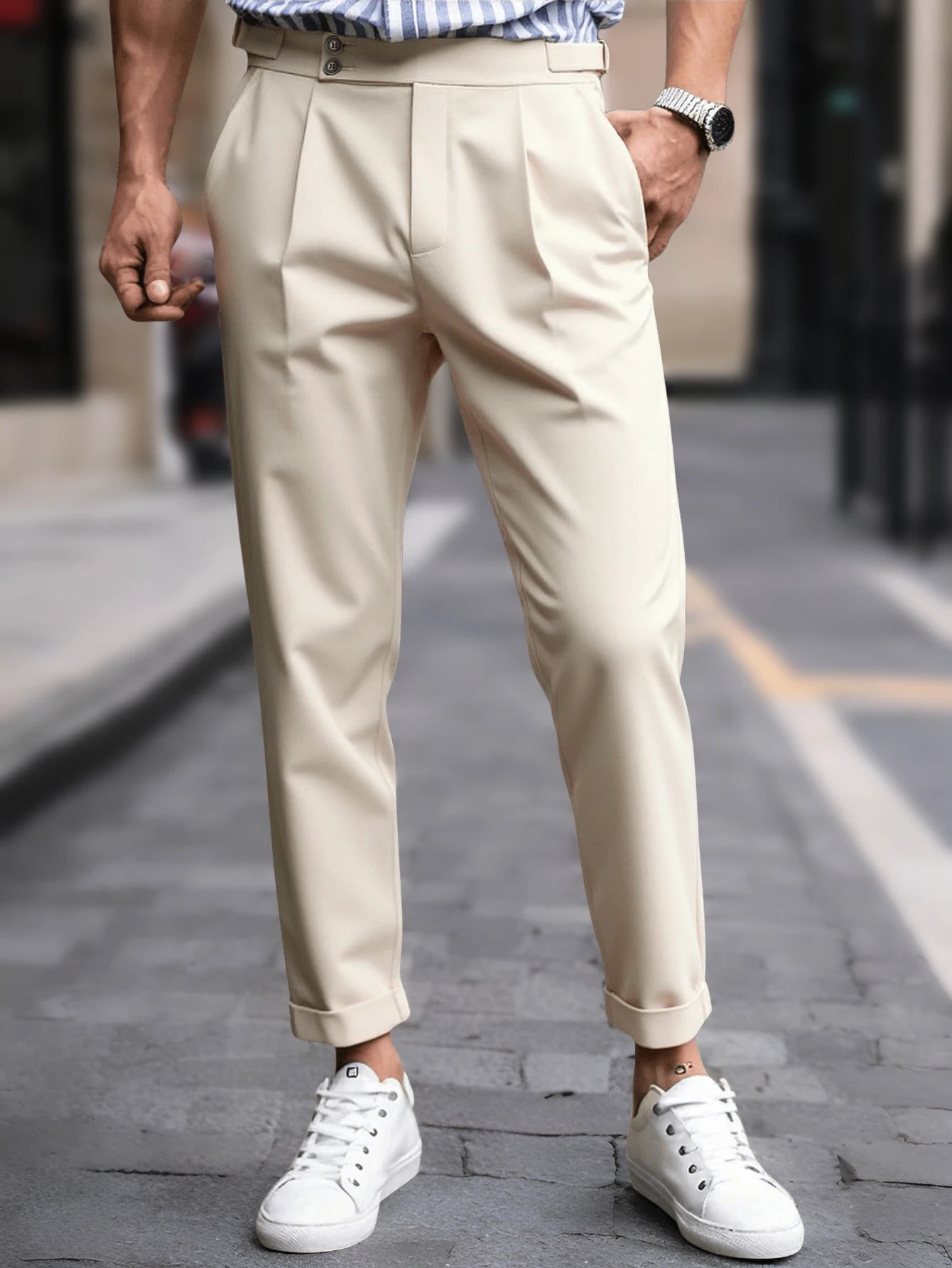 Men's Gurkha High Waist Pleated Cuffed Cropped Dress Pants Polyester Viscose Elastane Business Casual Black Beige Trousers