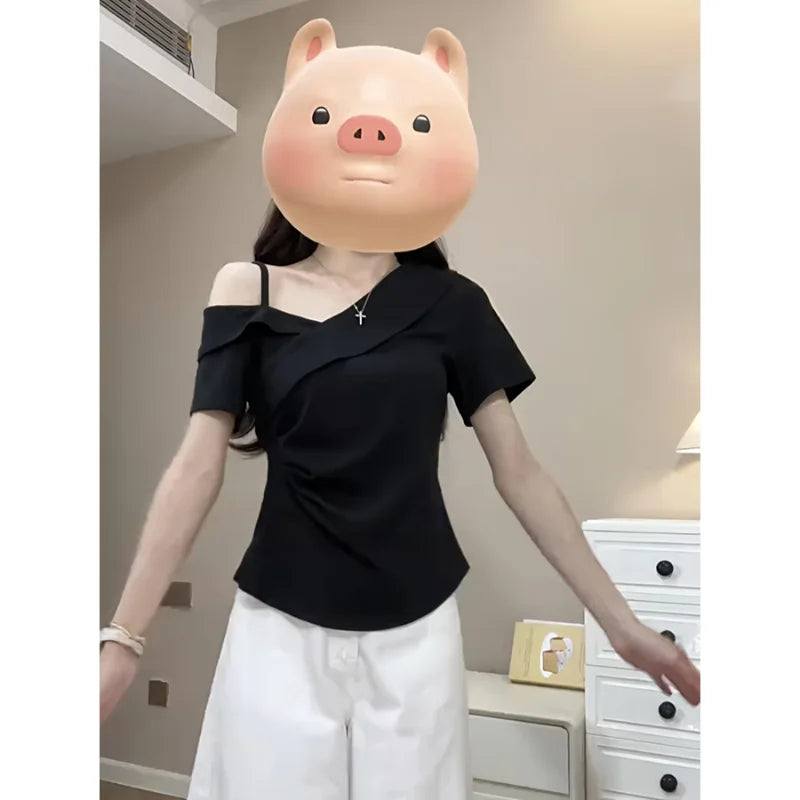 plus Size Slim Fit Short Sleeve Cross Neck Shoulder Bared T-Shirt Casual Style Versatile Summer New Arrival Women's Top
