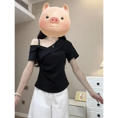 plus Size Slim Fit Short Sleeve Cross Neck Shoulder Bared T-Shirt Casual Style Versatile Summer New Arrival Women's Top