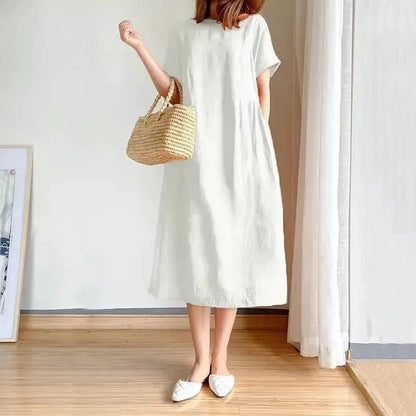 Casual Cotton Linen Dress Artistic Short Sleeve Midi Skirt Women's Fashion Summer round Neck Single Piece A-Line Skirt