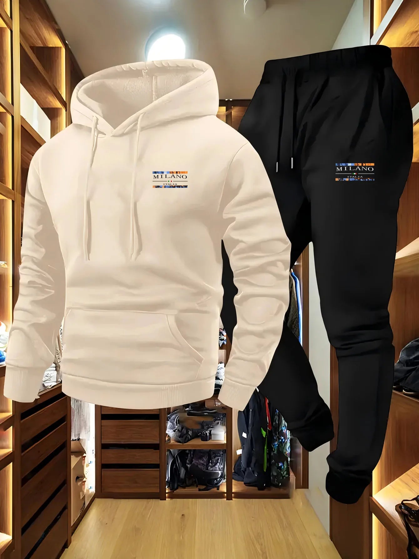 2-Piece Men's Casual Hooded Sweatshirt and Sweatpants Set - Los Angeles Letter Print Men's Outdoor Sports Set with Hooded Long S