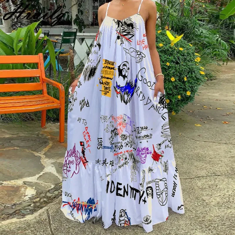 2024 Sexy Summer Dress Women Print Spaghetti Strap Sleeveless Maxi Dress Fashion Pocket Loose Slip Dress Sukienki Letnie