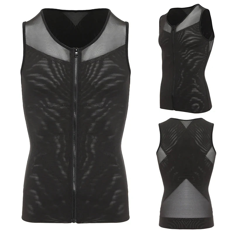 Mens Chest Compression Shirt Gynecomastia Vest Slimming Shirt Body Shaper Tank Top Front Zipper Corset For Man Shapewear