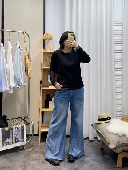 Spring New plus Size round Neck Mesh Splice Loose Long Sleeve Base Shirt Women Fat MM Slimming Belly Cover Simple T-shirt