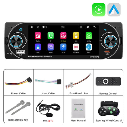 5.1Inch 1Din Car Radio MP5 IPS HD Player Support Wireless Carplay Android Auto Bluetooth FM AM RDS Stereo USB WIFI Video Player
