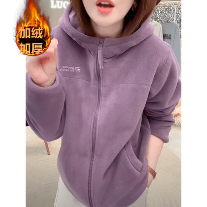 Autumn Winter Thickened Fleece Hoodie Jacket Women's Casual Slimming Versatile Long Sleeve Zipper Closure  Color Sweatshirt