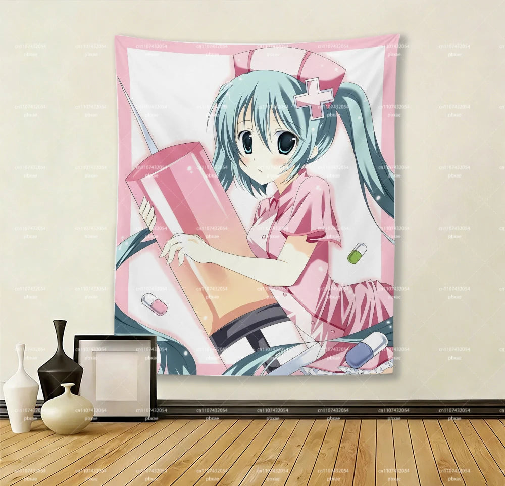 Hatsune Miku Nurse Tapestry, Pink Border Syringe Pill Anime Wall Hanging Bedroom Dorm Aesthetic Decor