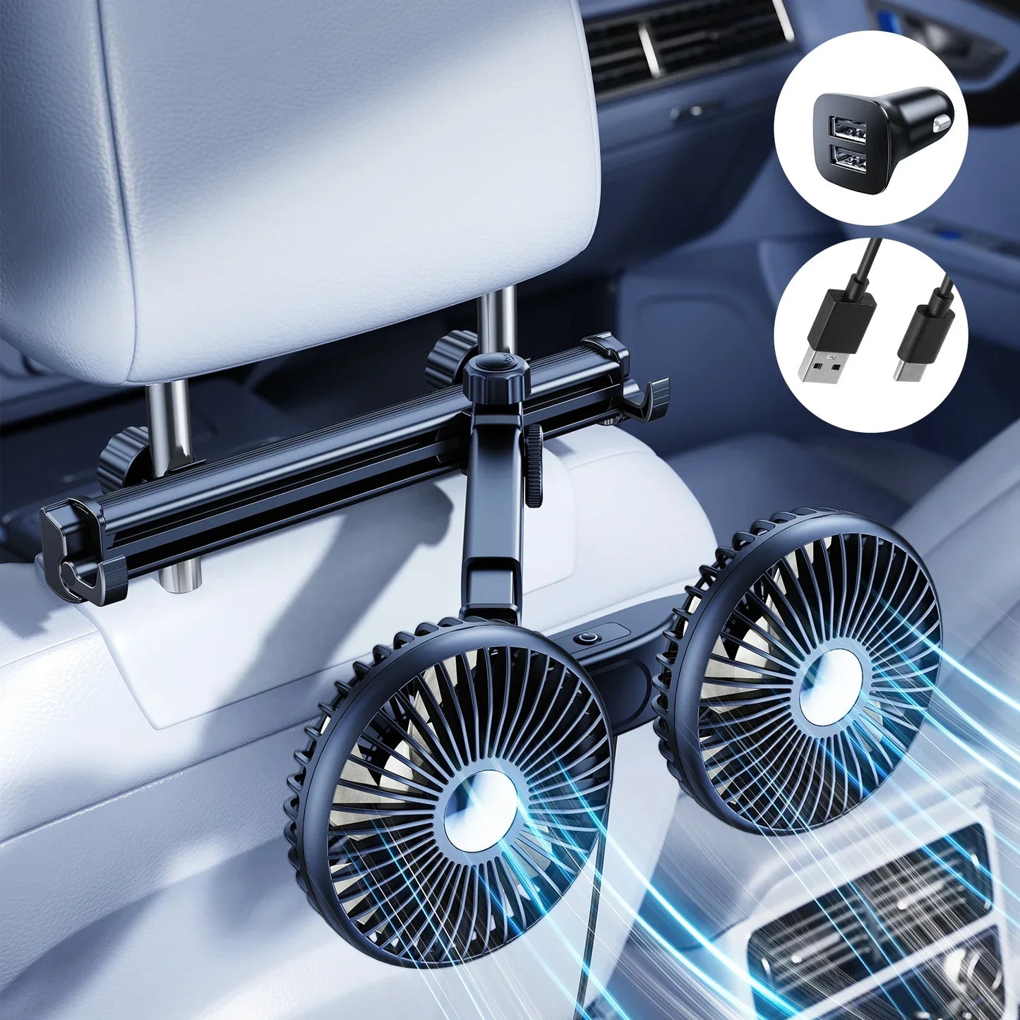 Hipacool Battery Dual Head Fan for Car Backseat with Retractable Long Arm USB Rechargeable Car Seat Headrest Cooling Fan