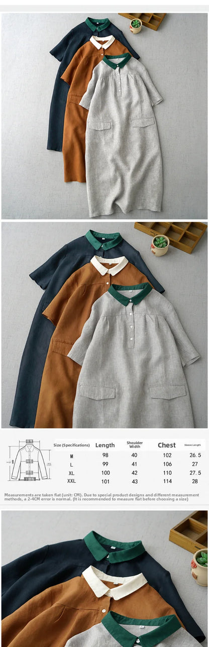 Ele Contrast Color Collar Linen ort Sve irt Dr Women's Summer New Artistic Versatile Midi Dr Comfortable A-L...