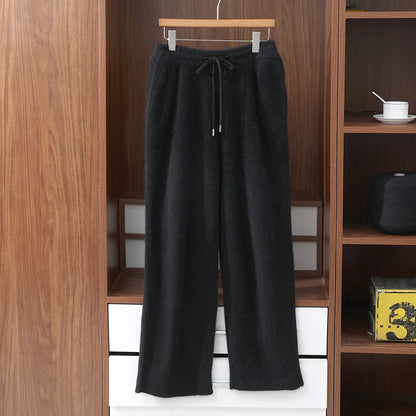 MVLYFLRT Men's 100% Mink Cashmere Thick Wide Leg Pants Comfortable Fit Knitted Luxury Winter Trousers D188