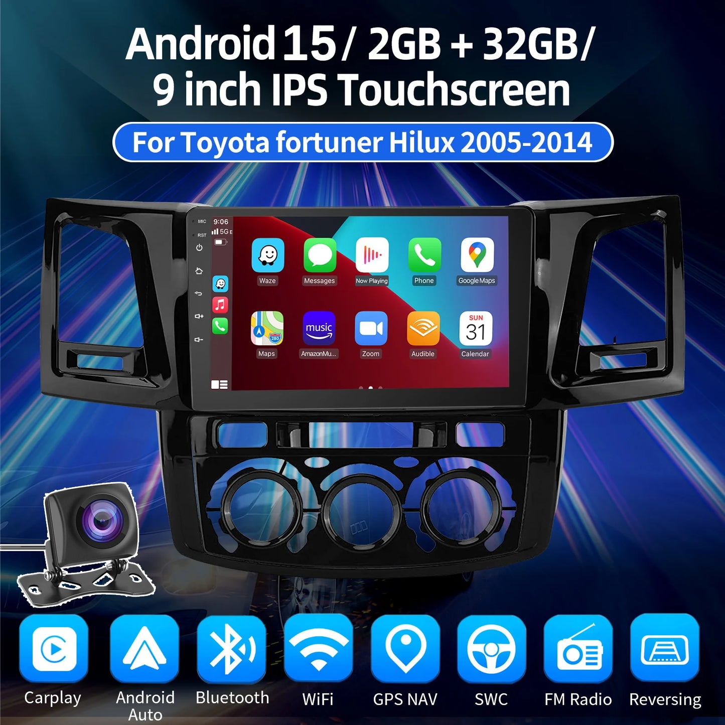 DAB+ 9“ Android 15 For Toyota Fortuner HILUX Revo Vigo N70 2007-2015 Multimedia Video Player Stereo GPS 2din Carplay Car Radio