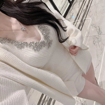Korean Dongdaemun Rhinestone Knit Crop Top Sexy Slim Fit Versatile Solid Color Camisole Fashion Short V-neck Knitted Tank Tops