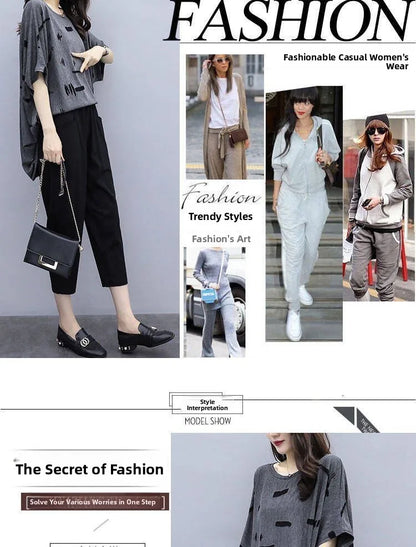 plus Size Summer Outfit Women's Batwing Sleeve Cover Belly Top And Seven Inch Pants Two Piece Set Fashionable plus Size Ensemble