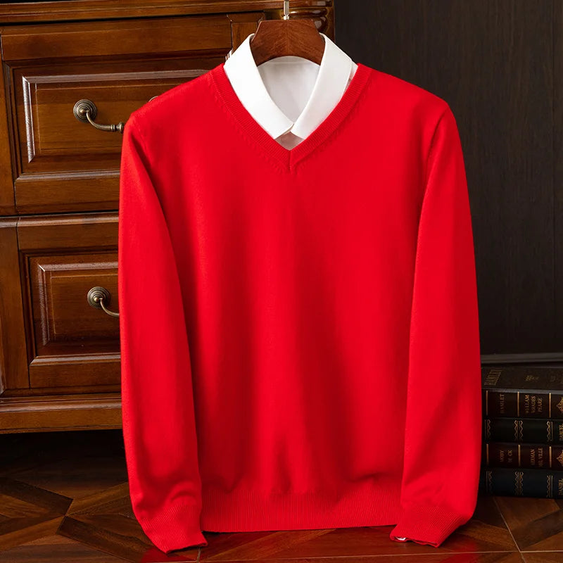 Autumn Winter Basic Merino Wool V-neck Sweater Men's Fashionable Casual Business Knitwear Cashmere Pullover Clothing Tops